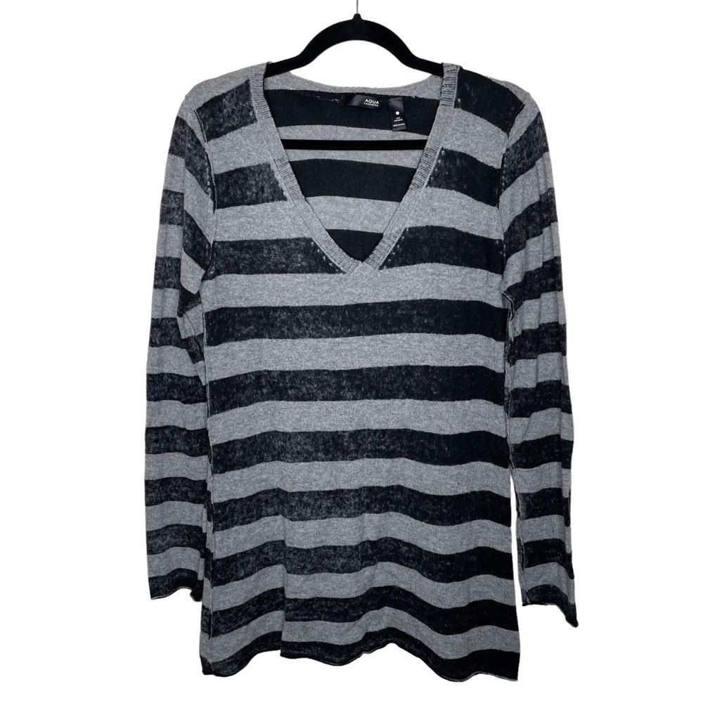 Aqua 100% Cashmere V-Neck Pullover Sweater Gray Navy Stripes Large